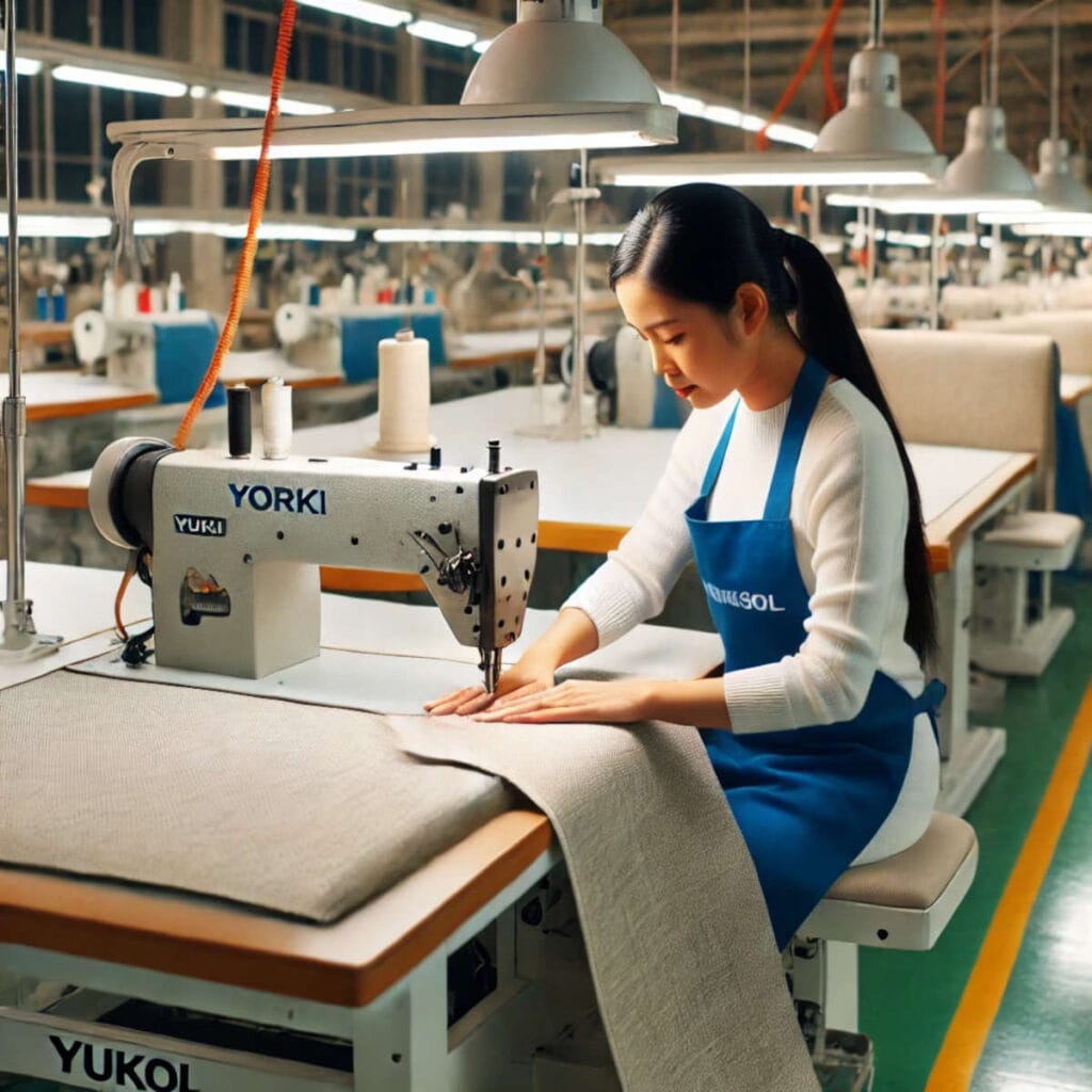 Worksol - kobieta azjatka szyjąca na maszynie w fabryce mebli