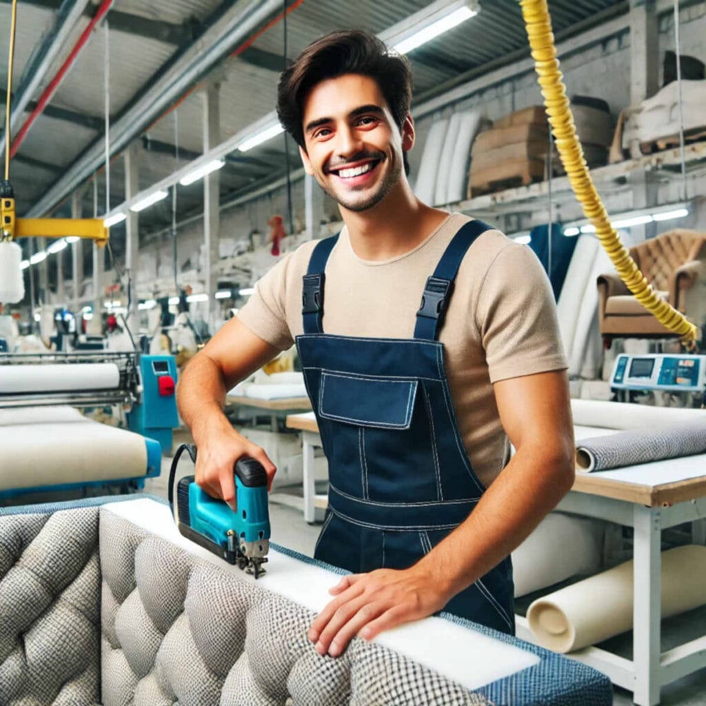 Worksol - mężczyzna tapicerujący zagłówek mebla w fabryce mebli