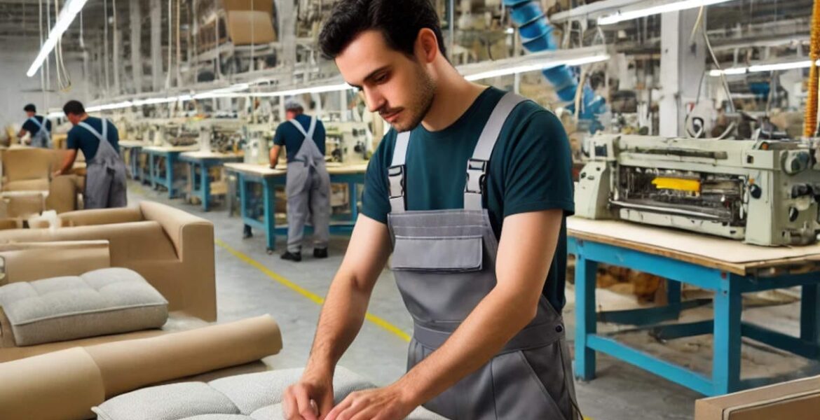 Worksol - mężczyzna tapicerujący zagłówek w fabryce mebli
