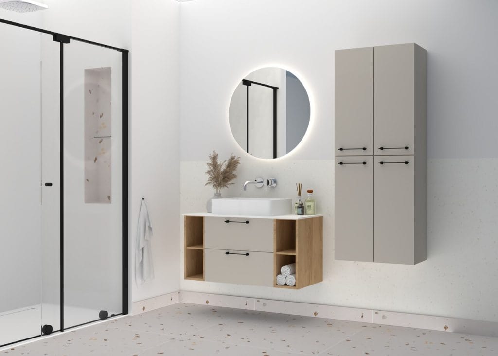 Kolor kaszmirowy podbija współczesne wnętrza, a kolekcja Faro polskiej marki Defra idealnie wpisuje się w ten trend. Meble łazienkowe w tym odcieniu zachwycają minimalistyczną formą i funkcjonalnością. Ich modułowa konstrukcja pozwala łączyć elementy w dowolne zestawy – od kompaktowych komód po pojemne szafy. Charakter mebli można podkreślić wybierając jeden sposób 5 rodzajów uchwytów, które dostępne są w kilku wersjach kolorystycznych.