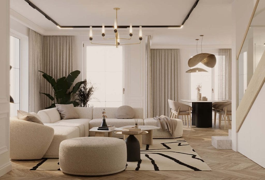 Salon w stylu quiet luxury. Projekt: To Be Design Weronika Budzichowska.