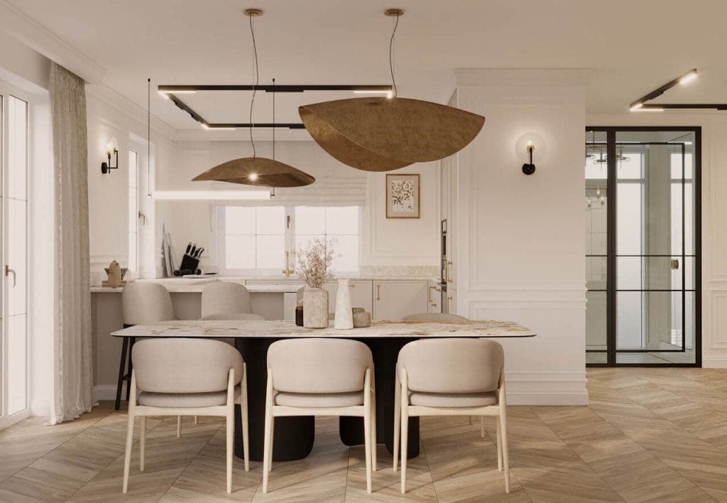 Kuchnia i hol w stylu quiet luxury. Projekt: To Be Design Weronika Budzichowska.