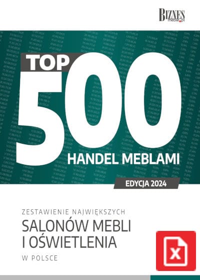 Okładka raportu Top 500 – handel meblami. Zestawienie największych salonów mebli i oświetlenia w Polsce edycja 2024 - wersja rozszerzona