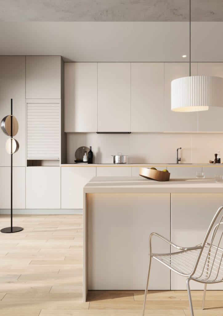 Jasna, nowoczesna kuchnia bezuchwytowa wykonana w wykorzystaniem obrzeży RAUKANTEX od REHAU