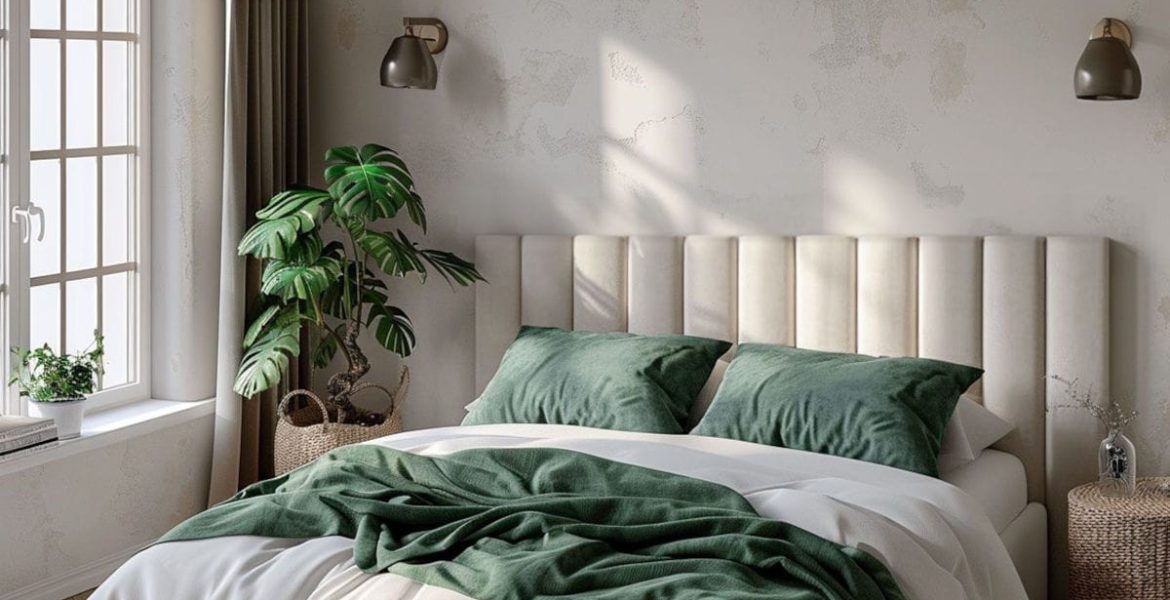Panele ścienne w sypialni, łóżko z tapicerowanym nagłówkiem, kolorystyka beżowa, poduchy w kolorze butelkowej zieleni.