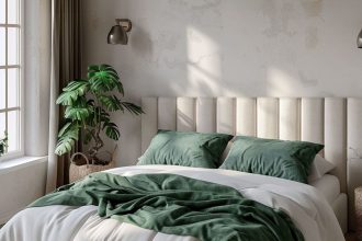 Panele ścienne w sypialni, łóżko z tapicerowanym nagłówkiem, kolorystyka beżowa, poduchy w kolorze butelkowej zieleni.