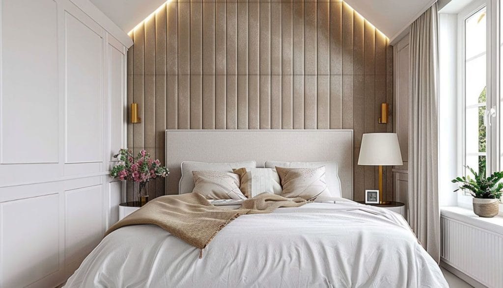 Panele ścienne w sypialni, łóżko z tapicerowanym nagłówkiem, kolorystyka beżowa.