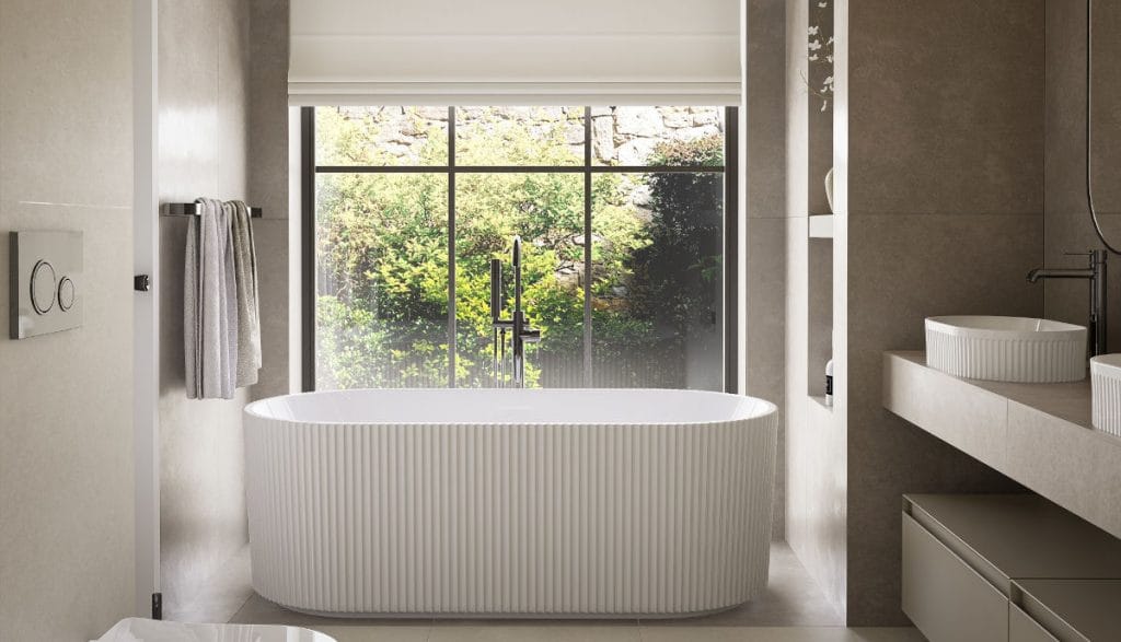 Nowoczesny salon kąpielowy w odcieniach beżu. Fot. Domni.pl