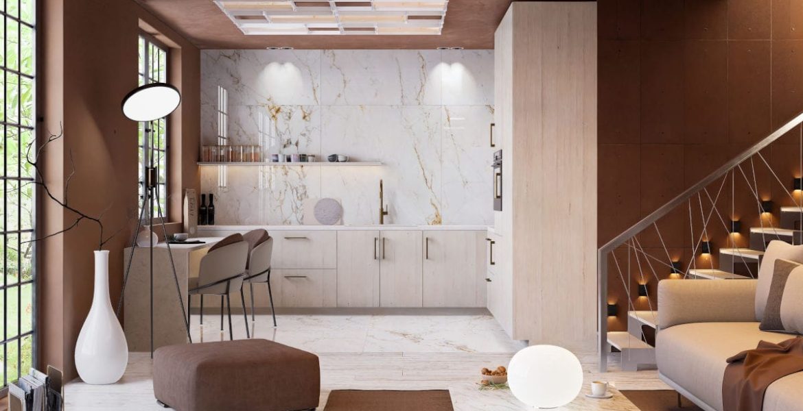 Projekt otwartej strefy dziennej. W tym projekcie zdecydowano się na ściany i dodatki w kolorze Mocha Mousse, które współgrają z jasną podłogą i meblami. Fot. Domni.pl