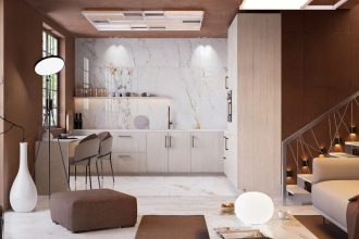 Projekt otwartej strefy dziennej. W tym projekcie zdecydowano się na ściany i dodatki w kolorze Mocha Mousse, które współgrają z jasną podłogą i meblami. Fot. Domni.pl