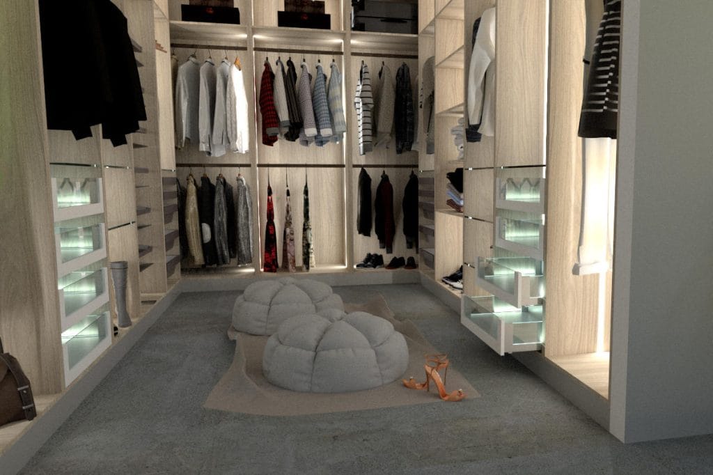 Sevroll - garderoba w jasnych barwach z pufami po środku