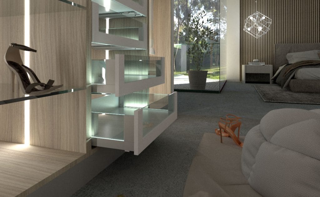 Sevroll - garderoba w jasnych barwach z widocznymi otwartymi szufladami