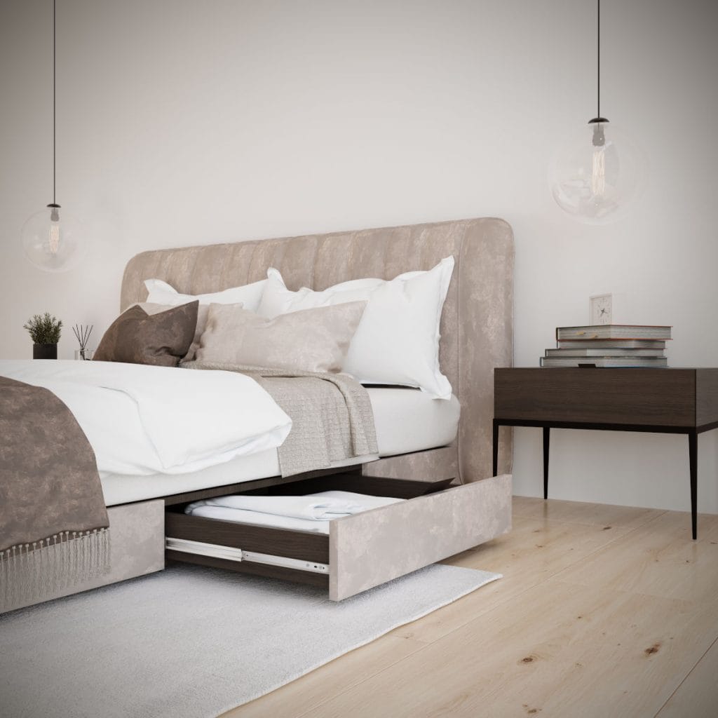 Szuflady pod łóżkiem w nowoczesnej sypialni – funkcjonalne przechowywanie pościeli z wykorzystaniem prowadnic kulkowych Sevroll H-53