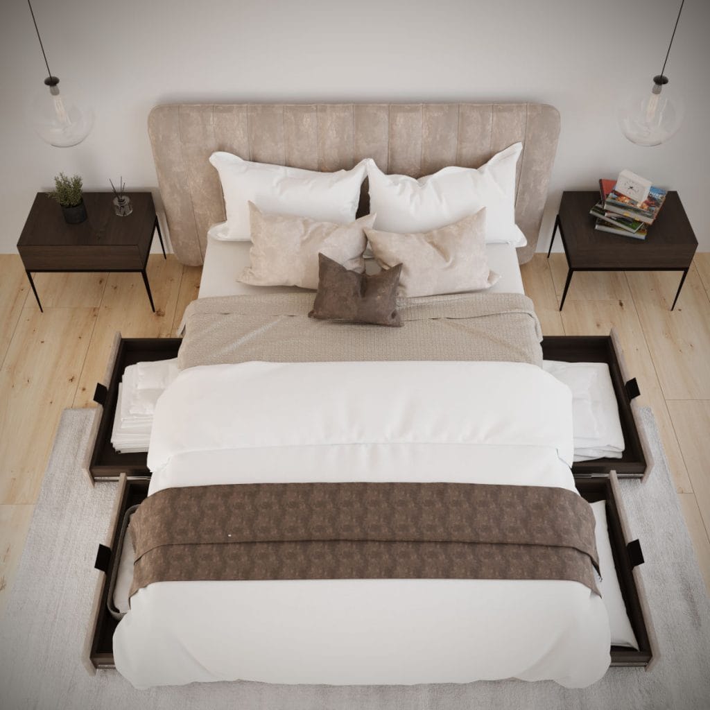 Szuflady pod łóżkiem w nowoczesnej sypialni – funkcjonalne przechowywanie pościeli z wykorzystaniem prowadnic kulkowych Sevroll H-53