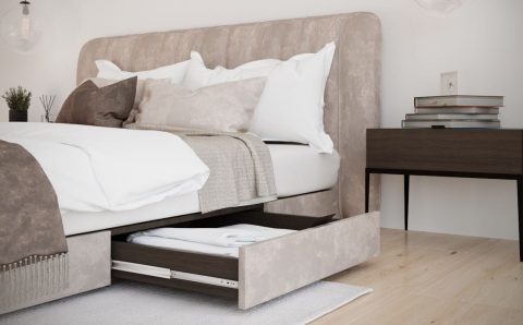 Szuflady pod łóżkiem w nowoczesnej sypialni – funkcjonalne przechowywanie pościeli z wykorzystaniem prowadnic kulkowych Sevroll H-53