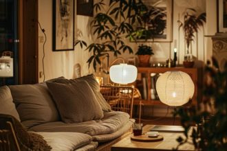 Ciepłe wnętrze z kanapą. Dekoracje w postaci lamp, kwiatów, poduch dodają charakteru wnętrzu.