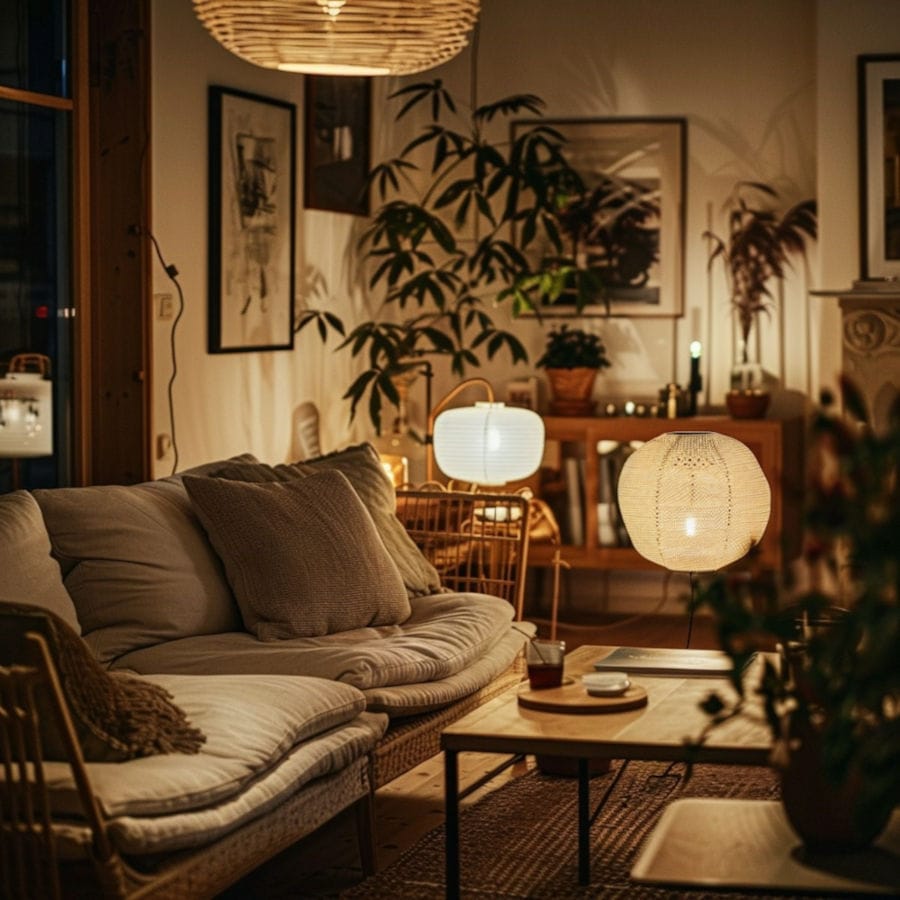 Ciepłe wnętrze z kanapą. Dekoracje w postaci lamp, kwiatów, poduch dodają charakteru wnętrzu.