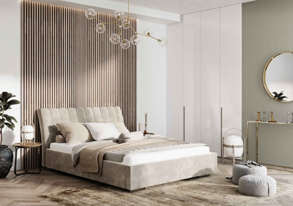 Łóżko tapicerowane NAOMI PRESTIGE z salonu Król Materacy w Galerii Wnętrz DOMAR ma delikatnie wygięte wezgłowie nadające całej konstrukcji subtelności. Solidne wykończenie zestawione z nowoczesnym wzornictwem idealnie wpasuje się do stylu każdej sypialni. Zagłówek o wysokości 95 cm, w połączeniu z tapicerowaną ramą o wymiarach 160/200 cm, tworzy harmonijną całość. Natomiast wyjątkowy charakter mebla podkreśla obicie z luksusowej tkaniny Glam Velvet 11 z grupy Premium. Model wyposażono w drewniane nóżki Standard S2H5 o wysokości 10 cm, które można zmienić na alternatywne wersje chromowane. Wymiary standardowe obejmują wysokość boków 25 cm i grubość 5 cm lub 8 cm, a do wyboru są nóżki o wysokościach: 3,5 cm, 4,5 cm, 10 cm lub 15 cm.