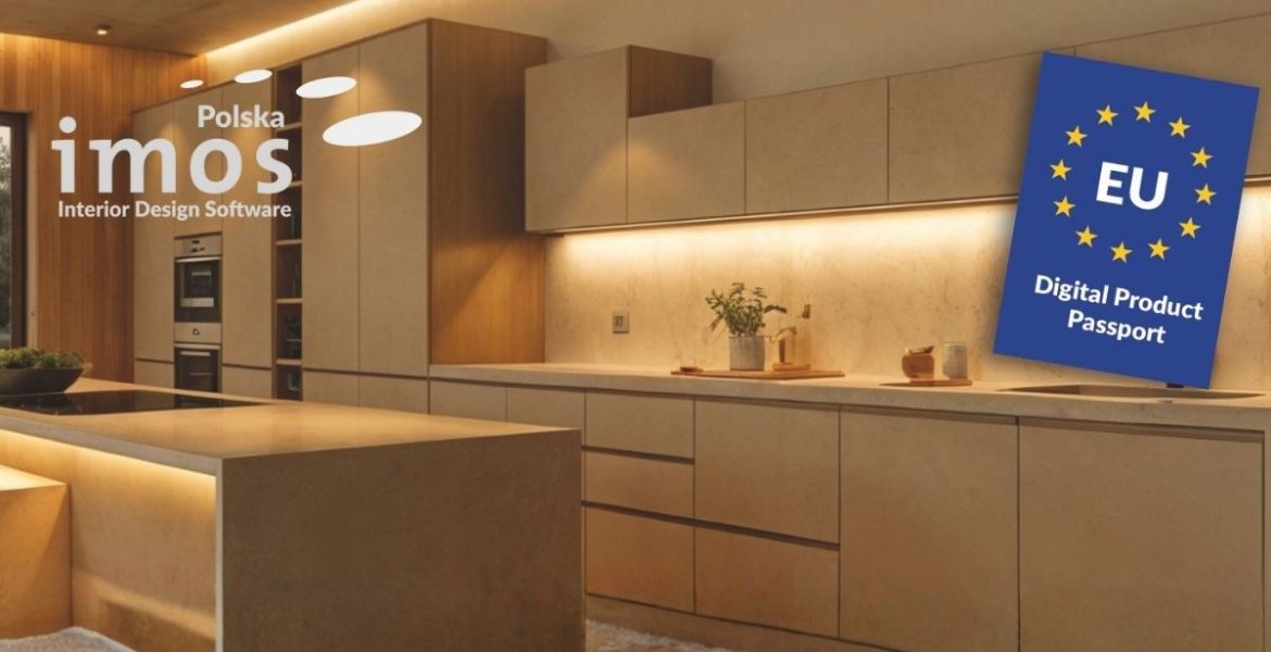 wizualizacja wnętrza z oznaczeniem Cyfrowy Paszport Produktu i logo Imos iX