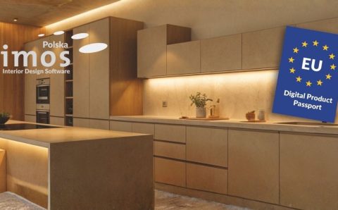wizualizacja wnętrza z oznaczeniem Cyfrowy Paszport Produktu i logo Imos iX