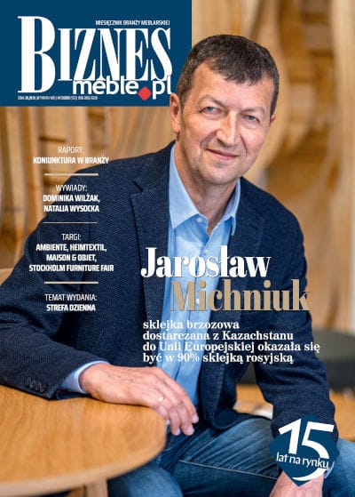 Okładka miesięcznika BIZNES.meble.pl - wydanie marzec 2025. Na okładce Jarosław Michniuk, prezes Zarządu firm Paged Morąg i Paged Meble. Fot. Tomasz Kulesza.