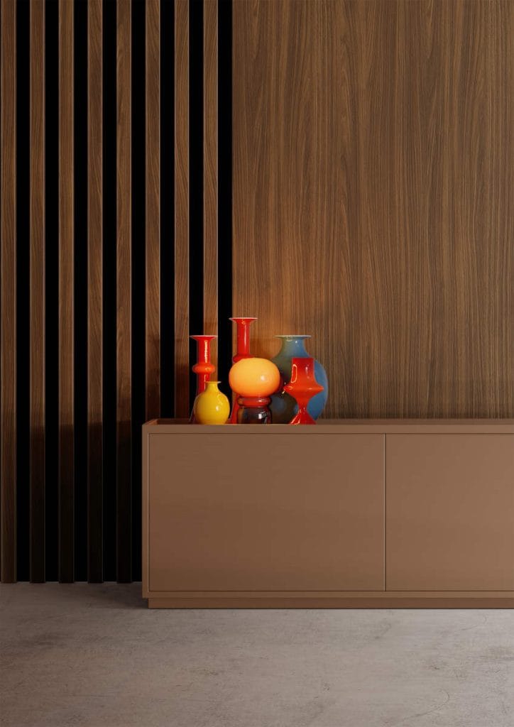 Schattdecor - dekor Nogal Mediterraneo oraz Uni Bronze wykorzystany na ścianie i komodzie