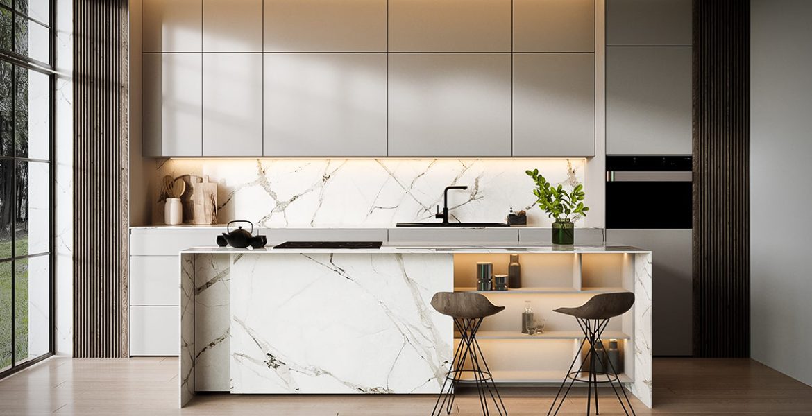 Nowoczesna kuchnia z wyspą w białym marmurze i zabudową z gładkimi frontami