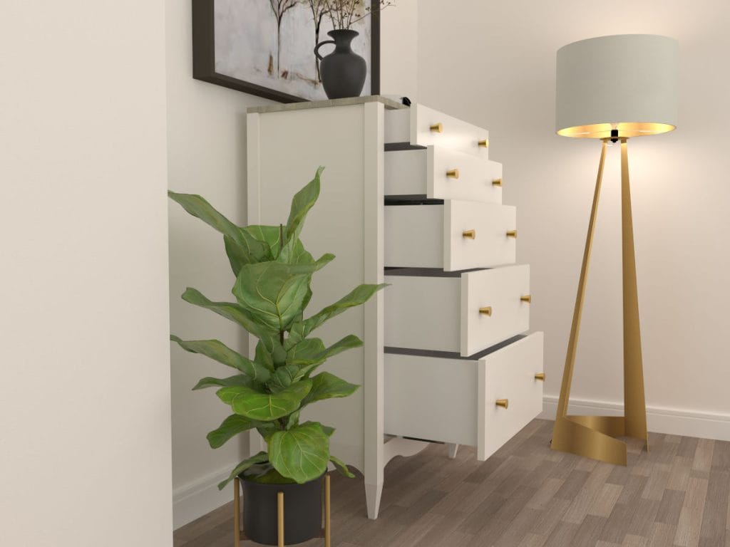 Sevroll - otwarte szuflady V-Box 3D w komodzie w kolorze białym ze złotymi uchwytami