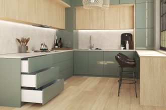 Sevroll - otwarte szuflady V-Box 3D w kuchni w korze jasnej zieleni i jasnego drewna