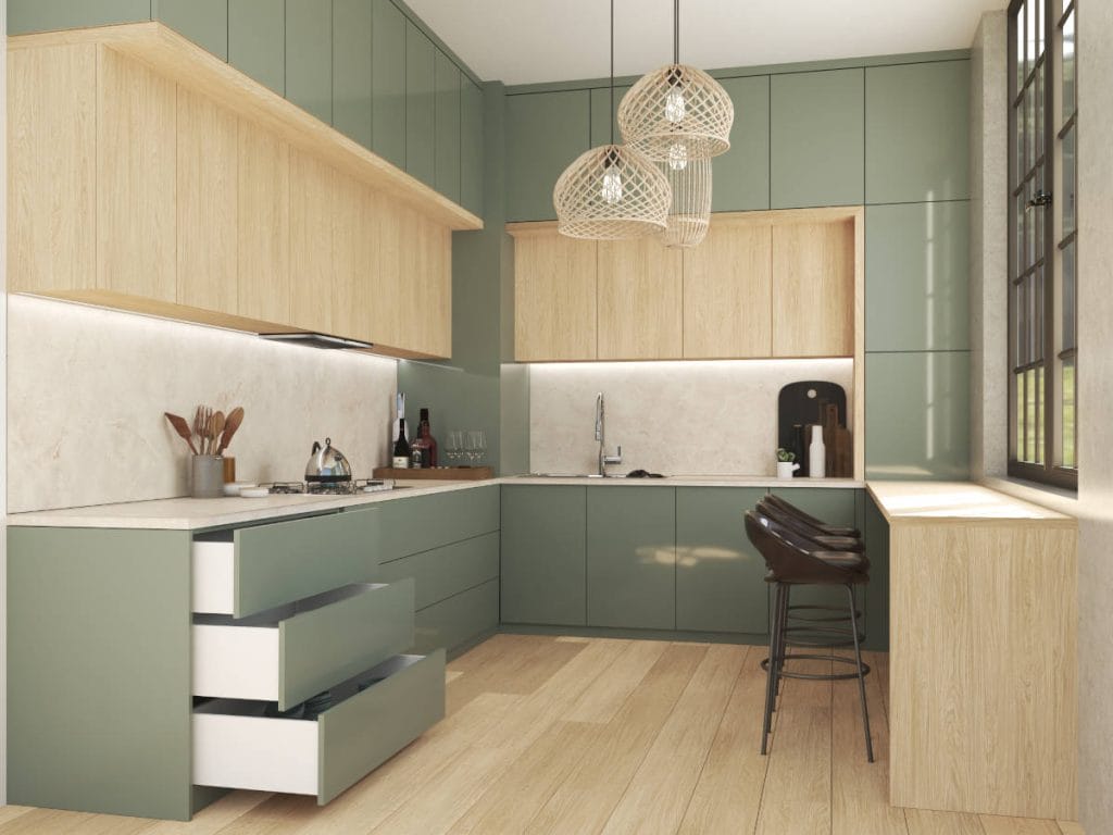 Sevroll - otwarte szuflady V-Box 3D w kuchni w korze jasnej zieleni i jasnego drewna