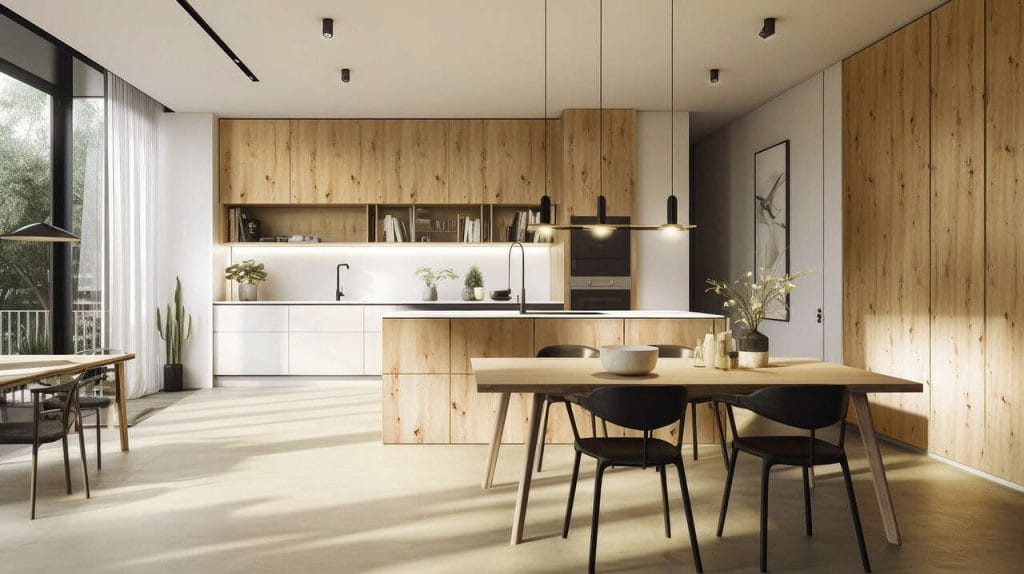 Na frontach płyta laminowana Dąb Artisan R20315, blat i ścianka Biel Krystaliczna U11026 od firmy Woodeco.