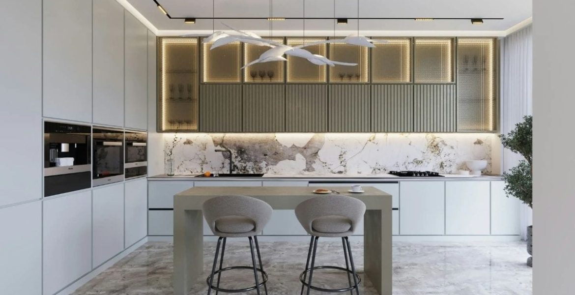 Nowoczesny projekt wnętrza: inteligentny dom i kuchnia smart z marmurowym wykończeniem, luksusowym oświetleniem i zintegrowanym systemem sterowania meblami.