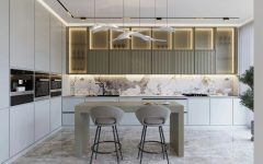 Nowoczesny projekt wnętrza: inteligentny dom i kuchnia smart z marmurowym wykończeniem, luksusowym oświetleniem i zintegrowanym systemem sterowania meblami.