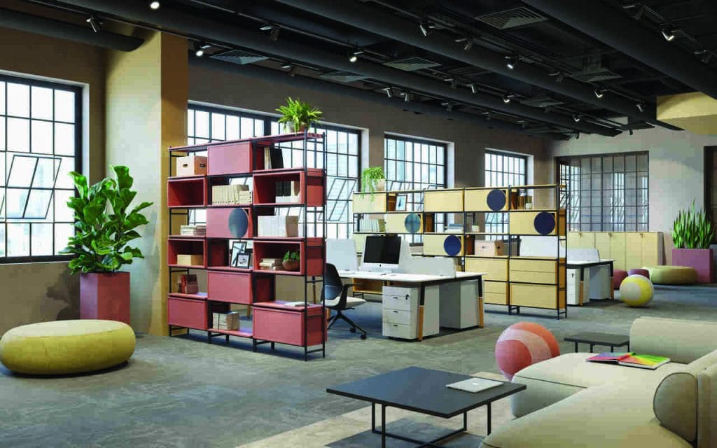 System Furniture of Freedom (FOF) to modułowy system regałów TOBO, który pozwala na elastyczną organizację przestrzeni biurowej. Składa się z metalowych stelaży i elementów z płyty laminowanej, takich jak szuflady, półki czy szafki z opuszczanym frontem, umożliwiając tworzenie różnych konfiguracji w pionie i poziomie. System pozwala na łatwą aranżację przestrzeni biurowych, pozwalając na tworzenie stref do pracy indywidualnej, grupowej czy przechowywania. Moduły są łatwe w montażu, bez potrzeby narzędzi, co zapewnia wygodę w użytkowaniu i zmianach ustawień.