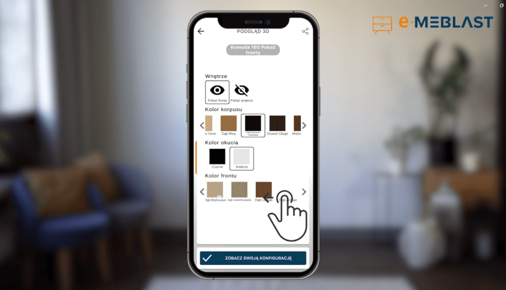 Zmiana wariantów produktów w podglądzie 3D aplikacji e-Meblast AR.