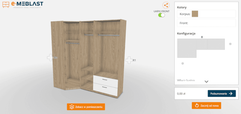 Konfigurator 3D/AR szaf modułowych w sklepie e-Meblast. Konfiguracja szafy narożnej – podgląd wnętrza.
