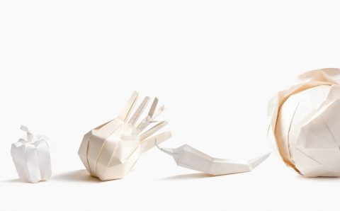 Cztery białe papierowe rzeźby wykonane techniką origami, przedstawiające warzywa ułożone w rzędzie na białym tle. Od lewej: mała papryka, czosnek lub cebula, papryczka chili oraz duża główka kapusty.