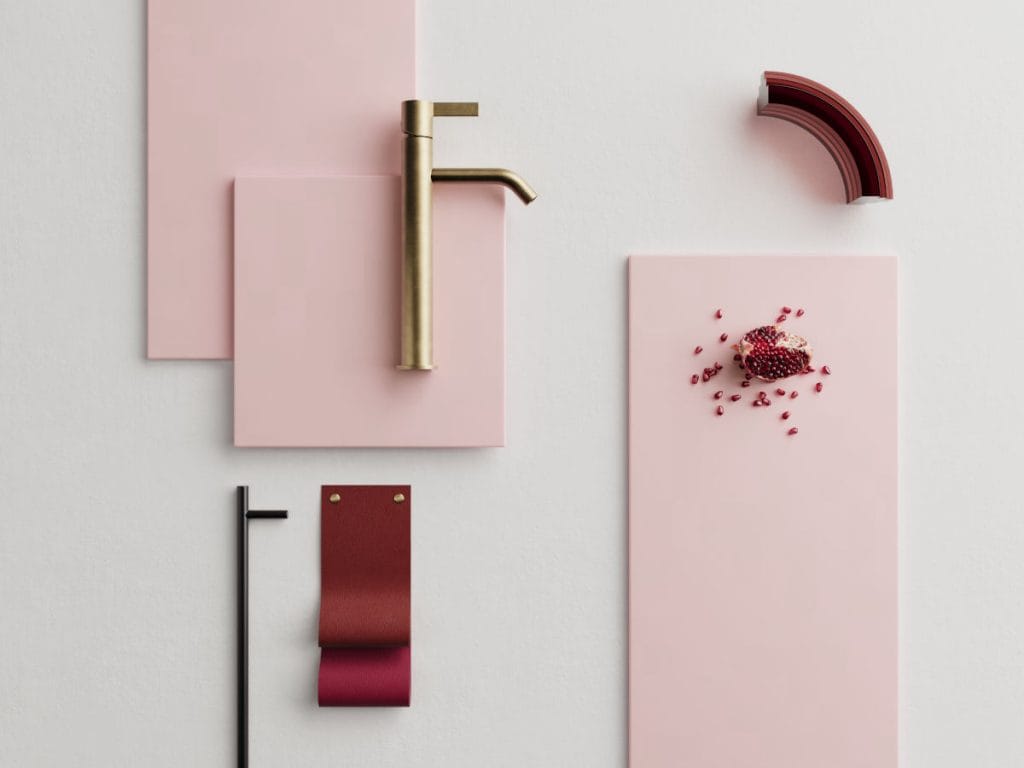 Moodboard materiałów solid surface z oferty Hi-Macs w kolorystyce różowej