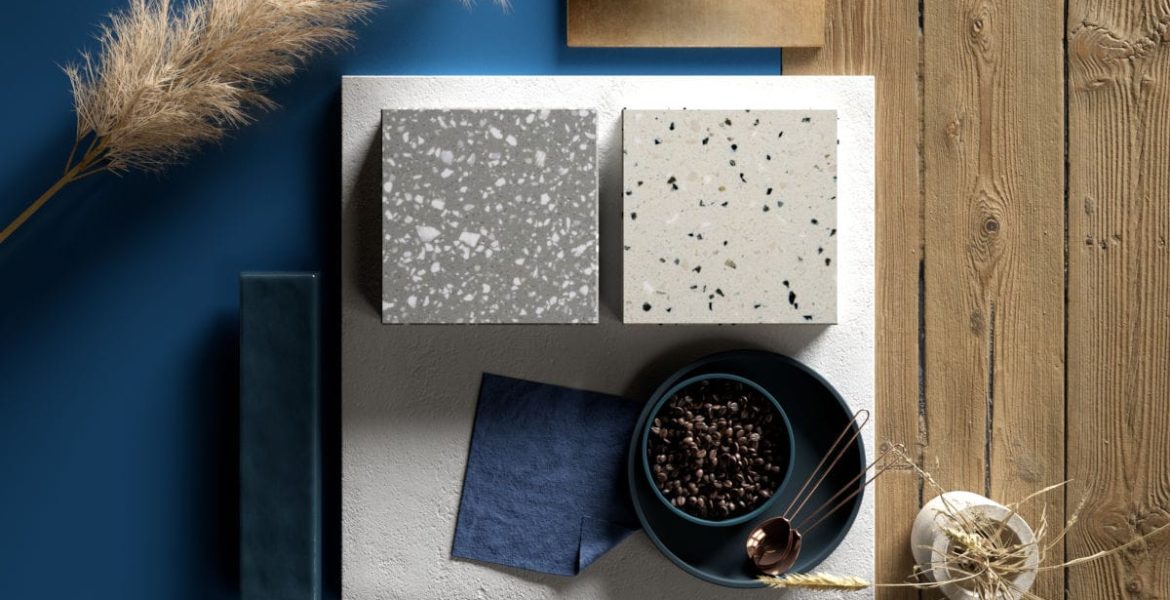 Moodboard materiałów solid surface z oferty Hi-Macs w kolorystyce niebieskiej