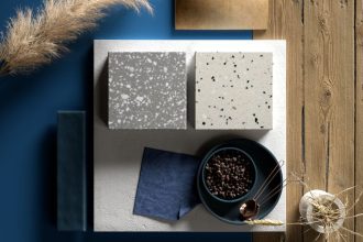 Moodboard materiałów solid surface z oferty Hi-Macs w kolorystyce niebieskiej