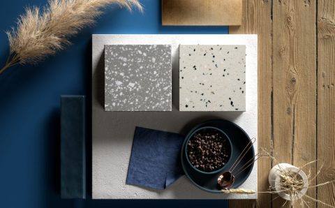 Moodboard materiałów solid surface z oferty Hi-Macs w kolorystyce niebieskiej