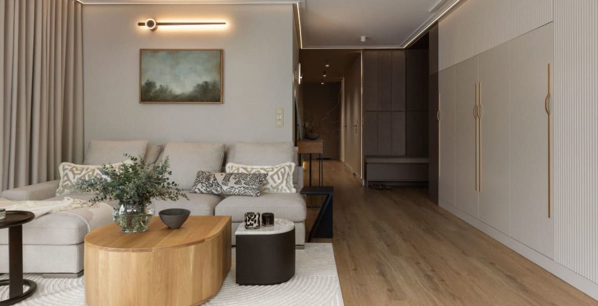 Wnętrze, proj. Tatewik Caturowa. Kolorystyka utrzymana jest w tonacji taupe.