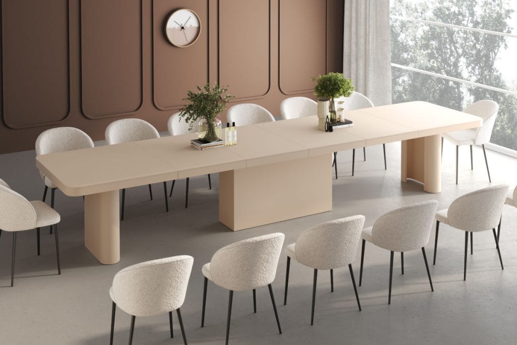 Stół Portofino z wielokrotnie nagradzanej kolekcji Amore Colore ma możliwość wydłużenia blatu do 412cm.