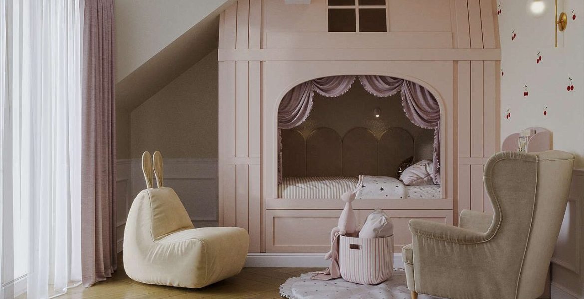 Pokój różowy, zaprojektowany dla 4-letniej dziewczynki.