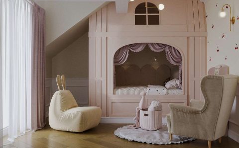 Pokój różowy, zaprojektowany dla 4-letniej dziewczynki.