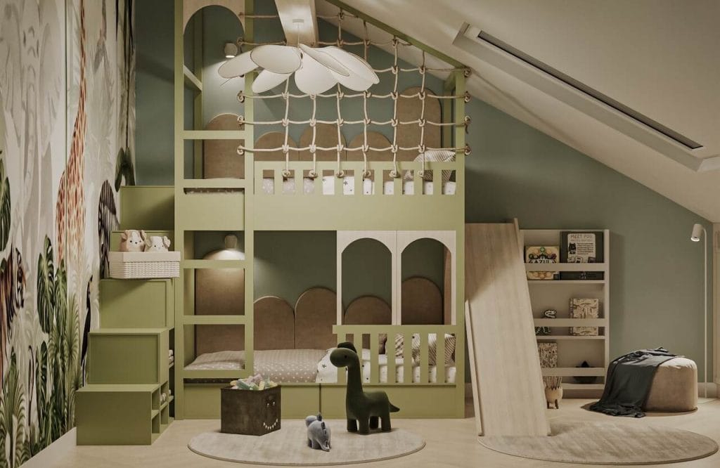 Pokój dla 7-letniego chłopca. Zabudowane łóżko ma pełnić wiele funkcji. Dolna część służy do spania (z szufladami pod spodem do przechowywania zabawek). Szuflady pod schodkami to kolejne miejsce do przechowywania, zaprojektowane po to, aby można było zachować w pokoju jak największy porządek. I wreszcie część górna łóżka – to miejsce do zabawy. Projekt: arch. wnętrz Anna Nowakowska-Manoryk, Nowakowska Interiors.