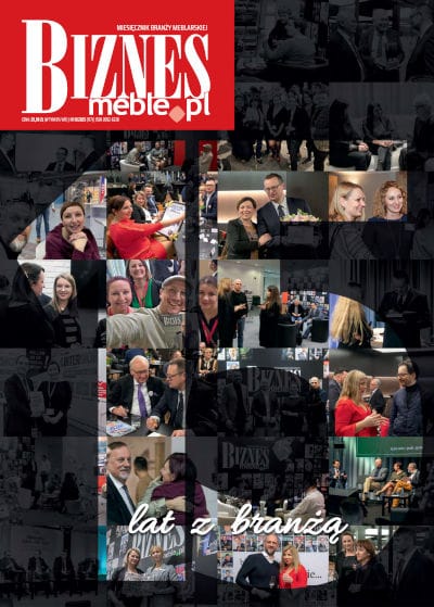 Okładka miesięcznika BIZNES.meble.pl - wydanie sierpień 2025. Na okładce kolaż zdjęć branży meblarskiej.