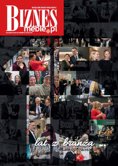 Okładka miesięcznika BIZNES.meble.pl - wydanie sierpień 2025. Na okładce kolaż zdjęć branży meblarskiej.