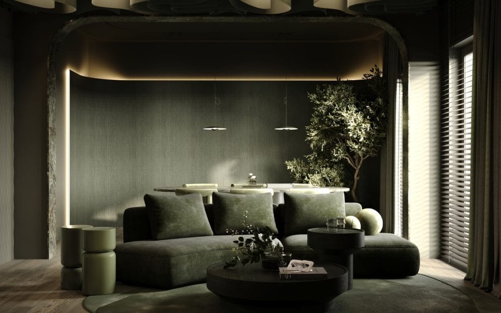 Karolina Michałkiewicz-Kasina za projekt „Monochromatyczna opowieść - zieleń w towarzystwie drewna” z podłogą FertigDeska Dąb Color Nero.