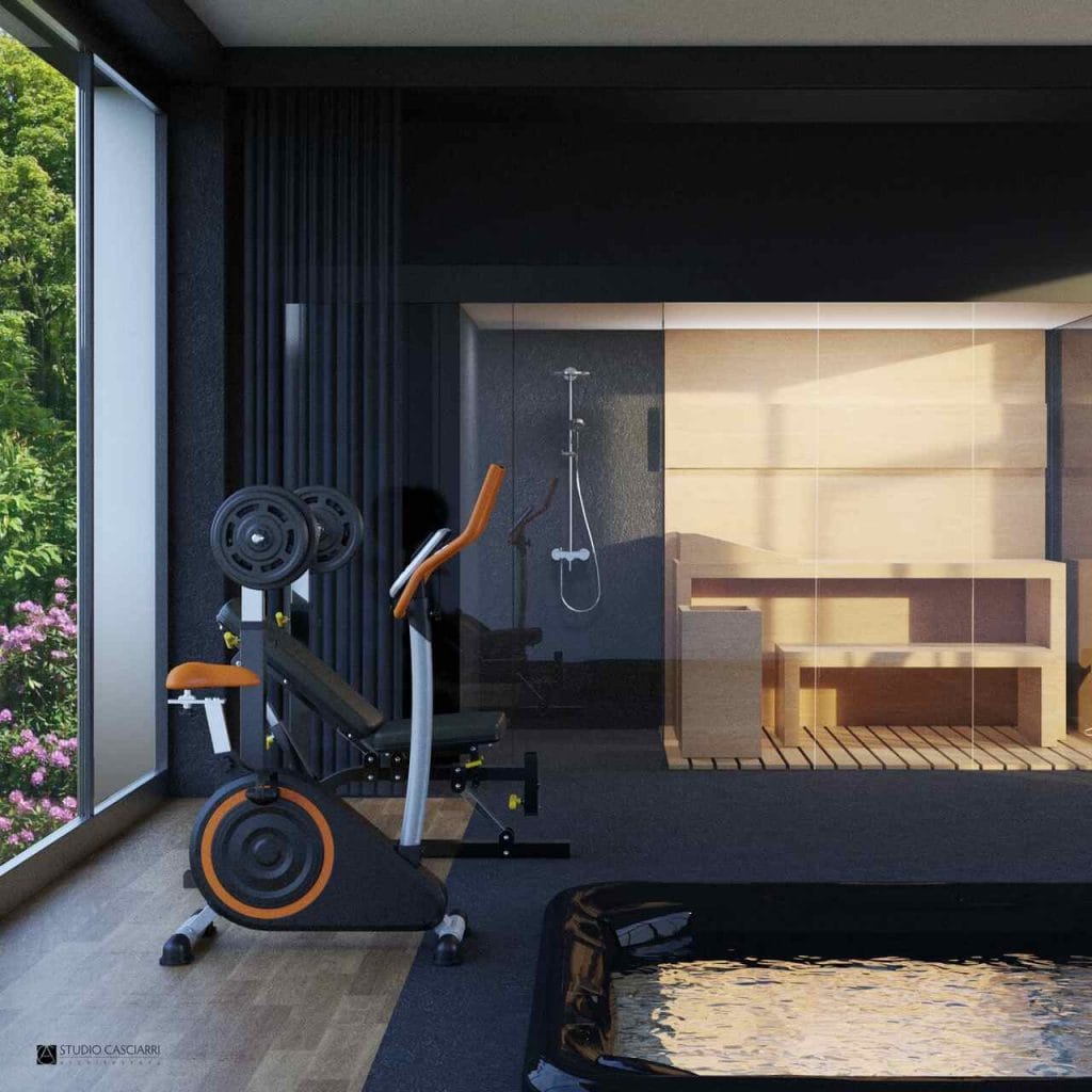 Wizualizacja domowej strefy relaksu z jacuzzi, sauną i prysznicem. Projekt: arch. Anna Casciarri, Studio Casciarri.